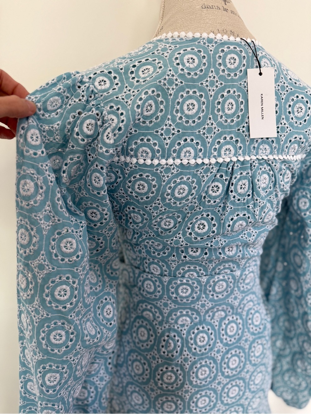 Karen Millen Broderie Cotton Wrap Mini Dress Light Blue Eyelet Dress - Picture 8 of 16